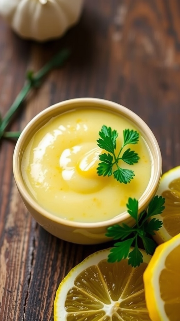 A bowl of garlic lemon sauce garnished with parsley and lemon slices on a rustic table.